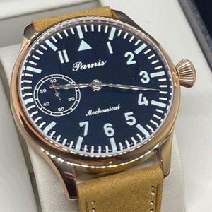 44mm PARNIS Black Dial Silver Hands Rose Gold Hand Winding Mechanical Mens Watch